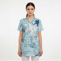 Blue Palaka Crane and Flowers Scrub Top Japan Heritage Spirit - Polynesian Pride