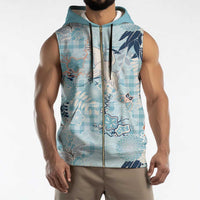 Blue Palaka Crane and Flowers Sleeveless Zip Hoodie Japan Heritage Spirit - Polynesian Pride