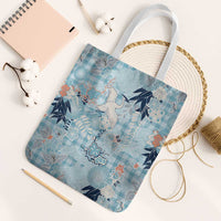 Blue Palaka Crane and Flowers Tote Bag Japan Heritage Spirit - Polynesian Pride
