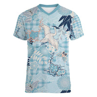 Blue Palaka Crane and Flowers Women V-Neck T-Shirt Japan Heritage Spirit - Polynesian Pride