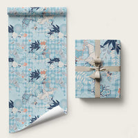 Blue Palaka Crane and Flowers Wrapping Paper Japan Heritage Spirit LT9 58" × 23" Blue - Polynesian Pride