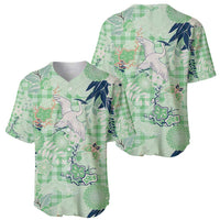 Green Palaka Crane and Flowers Baseball Jersey Japan Heritage Spirit - Polynesian Pride