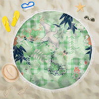 Green Palaka Crane and Flowers Beach Blanket Japan Heritage Spirit LT9 One Size 150cm Green - Polynesian Pride