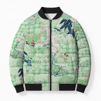 Green Palaka Crane and Flowers Bomber Puffer Jacket Japan Heritage Spirit LT9 Unisex Green - Polynesian Pride