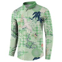 Green Palaka Crane and Flowers Button Sweatshirt Japan Heritage Spirit LT9 - Polynesian Pride