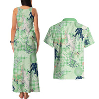 Green Palaka Crane and Flowers Couples Matching Tank Maxi Dress and Hawaiian Shirt Japan Heritage Spirit - Polynesian Pride