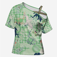 Green Palaka Crane and Flowers Cross Shoulder Shirt Japan Heritage Spirit LT9 Female Green - Polynesian Pride