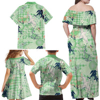 Green Palaka Crane and Flowers Family Matching Off Shoulder Maxi Dress and Hawaiian Shirt Japan Heritage Spirit - Polynesian Pride
