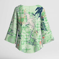 Green Palaka Crane and Flowers Kimono Sleeve Blouse Japan Heritage Spirit LT9 - Polynesian Pride