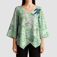 Green Palaka Crane and Flowers Kimono Sleeve Blouse Japan Heritage Spirit LT9 - Polynesian Pride