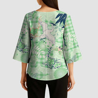 Green Palaka Crane and Flowers Kimono Sleeve Blouse Japan Heritage Spirit LT9 - Polynesian Pride