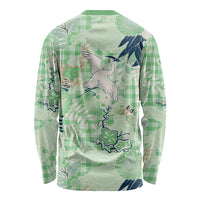 Green Palaka Crane and Flowers Long Sleeve Shirt Japan Heritage Spirit LT9 - Polynesian Pride