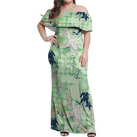Green Palaka Crane and Flowers Off Shoulder Maxi Dress Japan Heritage Spirit - Polynesian Pride