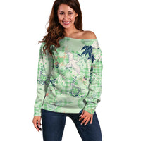 Green Palaka Crane and Flowers Off Shoulder Sweater Japan Heritage Spirit - Polynesian Pride