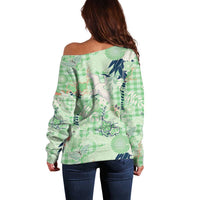 Green Palaka Crane and Flowers Off Shoulder Sweater Japan Heritage Spirit - Polynesian Pride