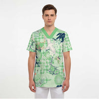 Green Palaka Crane and Flowers Scrub Top Japan Heritage Spirit - Polynesian Pride