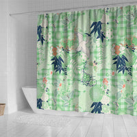 Green Palaka Crane and Flowers Shower Curtain Japan Heritage Spirit - Polynesian Pride