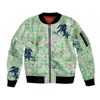 Green Palaka Crane and Flowers Sleeve Zip Bomber Jacket Japan Heritage Spirit - Polynesian Pride
