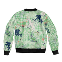 Green Palaka Crane and Flowers Sleeve Zip Bomber Jacket Japan Heritage Spirit - Polynesian Pride