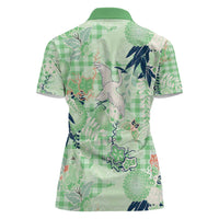 Green Palaka Crane and Flowers Women Polo Shirt Japan Heritage Spirit - Polynesian Pride