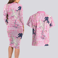 Pink Palaka Crane and Flowers Couples Matching Long Sleeve Bodycon Dress and Hawaiian Shirt Japan Heritage Spirit - Polynesian Pride