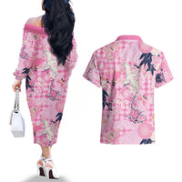 Pink Palaka Crane and Flowers Couples Matching Off The Shoulder Long Sleeve Dress and Hawaiian Shirt Japan Heritage Spirit - Polynesian Pride