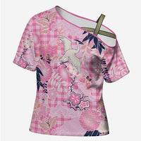 Pink Palaka Crane and Flowers Cross Shoulder Shirt Japan Heritage Spirit LT9 Female Pink - Polynesian Pride
