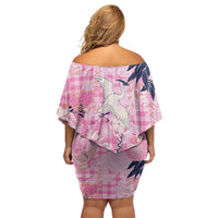 Pink Palaka Crane and Flowers Off Shoulder Short Dress Japan Heritage Spirit - Polynesian Pride
