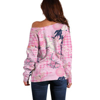 Pink Palaka Crane and Flowers Off Shoulder Sweater Japan Heritage Spirit - Polynesian Pride