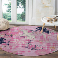 Pink Palaka Crane and Flowers Round Carpet Japan Heritage Spirit - Polynesian Pride