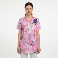Pink Palaka Crane and Flowers Scrub Top Japan Heritage Spirit - Polynesian Pride