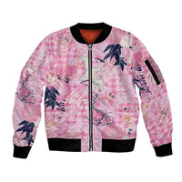 Pink Palaka Crane and Flowers Sleeve Zip Bomber Jacket Japan Heritage Spirit - Polynesian Pride