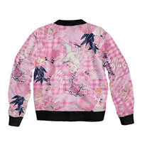 Pink Palaka Crane and Flowers Sleeve Zip Bomber Jacket Japan Heritage Spirit - Polynesian Pride