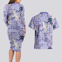 Purple Palaka Crane and Flowers Couples Matching Long Sleeve Bodycon Dress and Hawaiian Shirt Japan Heritage Spirit - Polynesian Pride