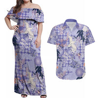 Purple Palaka Crane and Flowers Couples Matching Off Shoulder Maxi Dress and Hawaiian Shirt Japan Heritage Spirit - Polynesian Pride