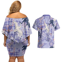 Purple Palaka Crane and Flowers Couples Matching Off Shoulder Short Dress and Hawaiian Shirt Japan Heritage Spirit - Polynesian Pride