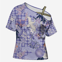 Purple Palaka Crane and Flowers Cross Shoulder Shirt Japan Heritage Spirit LT9 Female Purple - Polynesian Pride