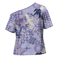 Purple Palaka Crane and Flowers Cross Shoulder Shirt Japan Heritage Spirit LT9 - Polynesian Pride