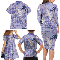 Purple Palaka Crane and Flowers Family Matching Long Sleeve Bodycon Dress and Hawaiian Shirt Japan Heritage Spirit - Polynesian Pride