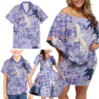 Purple Palaka Crane and Flowers Family Matching Off Shoulder Short Dress and Hawaiian Shirt Japan Heritage Spirit - Polynesian Pride
