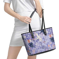 Purple Palaka Crane and Flowers Leather Tote Bag Japan Heritage Spirit LT9 - Polynesian Pride