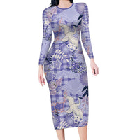 Purple Palaka Crane and Flowers Long Sleeve Bodycon Dress Japan Heritage Spirit - Polynesian Pride