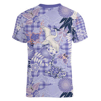 Purple Palaka Crane and Flowers Women V-Neck T-Shirt Japan Heritage Spirit - Polynesian Pride