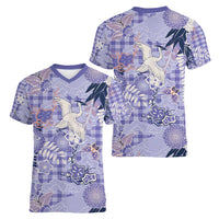 Purple Palaka Crane and Flowers Women V-Neck T-Shirt Japan Heritage Spirit - Polynesian Pride