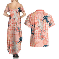 Red Palaka Crane and Flowers Couples Matching Summer Maxi Dress and Hawaiian Shirt Japan Heritage Spirit - Polynesian Pride