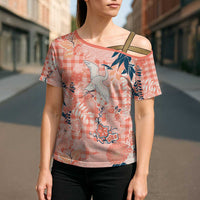 Red Palaka Crane and Flowers Cross Shoulder Shirt Japan Heritage Spirit LT9 - Polynesian Pride