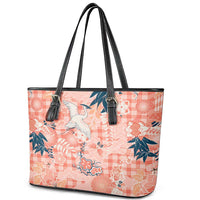 Red Palaka Crane and Flowers Leather Tote Bag Japan Heritage Spirit - Polynesian Pride