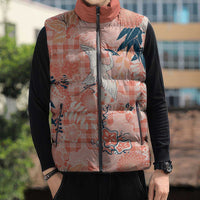 Red Palaka Crane and Flowers Sleeveless Puffer Jacket Japan Heritage Spirit LT9 - Polynesian Pride