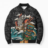 Personalized Japanese Koi Fish Ramen Bomber Puffer Jacket Tiki Surfing Wagara Hibiscus Pattern LT9 Unisex Black - Polynesian Pride