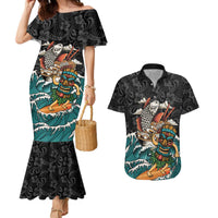Personalized Japanese Koi Fish Ramen Couples Matching Mermaid Dress and Hawaiian Shirt Tiki Surfing Wagara Hibiscus Pattern LT9 Black - Polynesian Pride